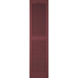 12 in. x 79 in. Lifetime Vinyl Custom Cathedral Top Center Mullion Open Louvered Shutters Pair Wineberry