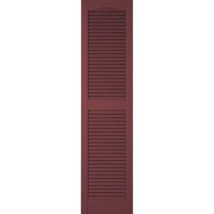 14-1/2 in. x 26 in. Lifetime Vinyl Custom Cathedral Top Center Mullion Open Louvered Shutters Pair Wineberry