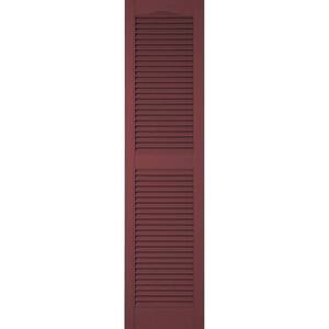 14-1/2 in. x 39 in. Lifetime Vinyl Custom Cathedral Top Center Mullion Open Louvered Shutters Pair Wineberry