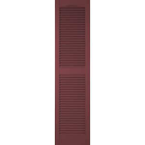 14-1/2 in. x 48 in. Lifetime Vinyl Custom Cathedral Top Center Mullion Open Louvered Shutters Pair Wineberry