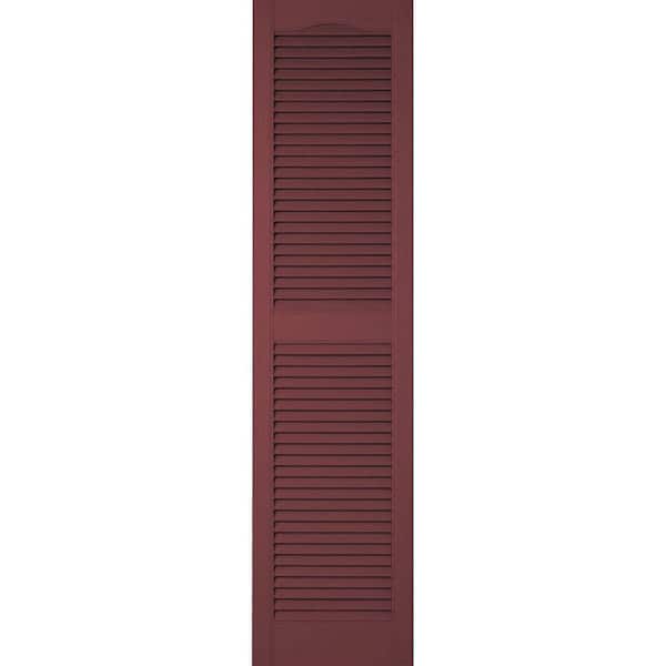 Ekena Millwork 14-1/2 in. x 48 in. Lifetime Vinyl Custom Cathedral Top Center Mullion Open Louvered Shutters Pair Wineberry