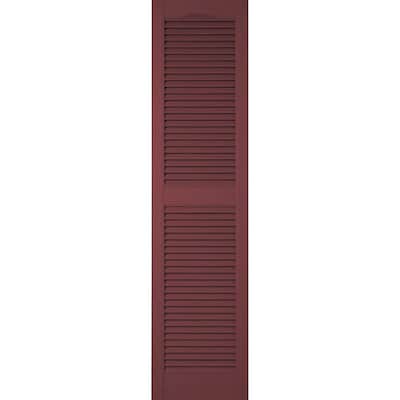 12 in. x 25 in. Lifetime Vinyl Standard Cathedral Top Center Mullion Open Louvered Shutters Pair Wineberry