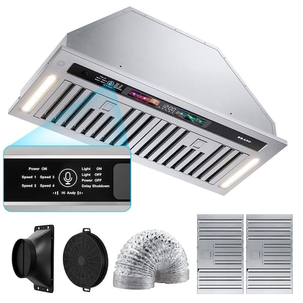 Brano Range Hood Insert 30 Inch, 900 CFM Smart Voice/Gesture/Touch Control, 4 Speed Fan, Ducted/Ductless Convertible