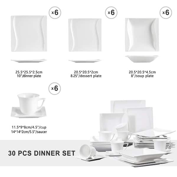 MALACASA Plates and Bowls Sets 30 Piece, Porcelain Dinnerware  Sets for 6, Ivory White Square Dinnerware Set with Dinner Plate, Dessert  Plate, Soup Plate, Cup & Saucer, Kitchen Dish Set