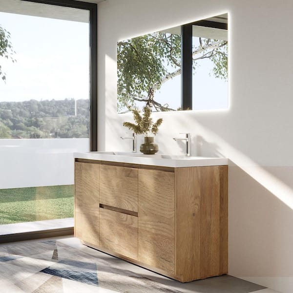 MT 59 in. W x 19.6 in. D Double Sink Freestanding Bath Vanity in Mature Oak with White Resin Vanity Top