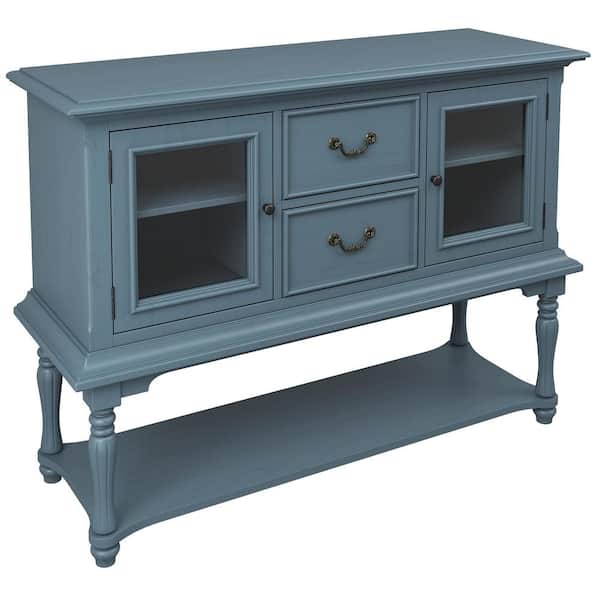 Aoibox 52 in. L x 17 in. D x 38 in. H Retro Wood Console Table with Drawers, Glass Doors & Bottom Shelf (Navy Blue)