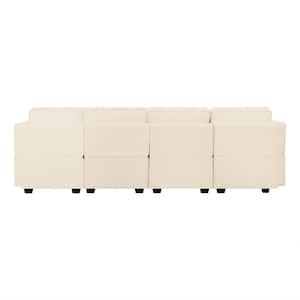 112.6 in. W Beige Faux Leather 4-Seater Sofa with Double Ottoman with Storage in 1 Piece Living Room Suite