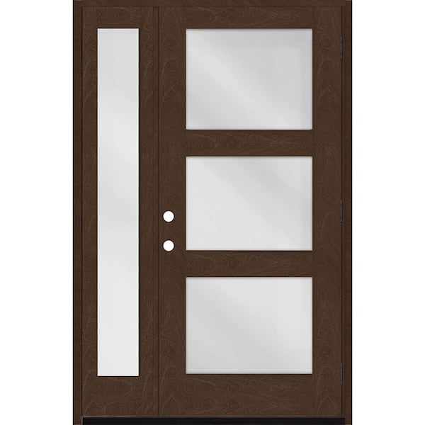 Steves & Sons Regency 51 in. x 80 in. Modern 3-Lite Equal Clear Glass LHOS Hickory Mahogany Fiberglass Prehung Front Door 12 in. SL