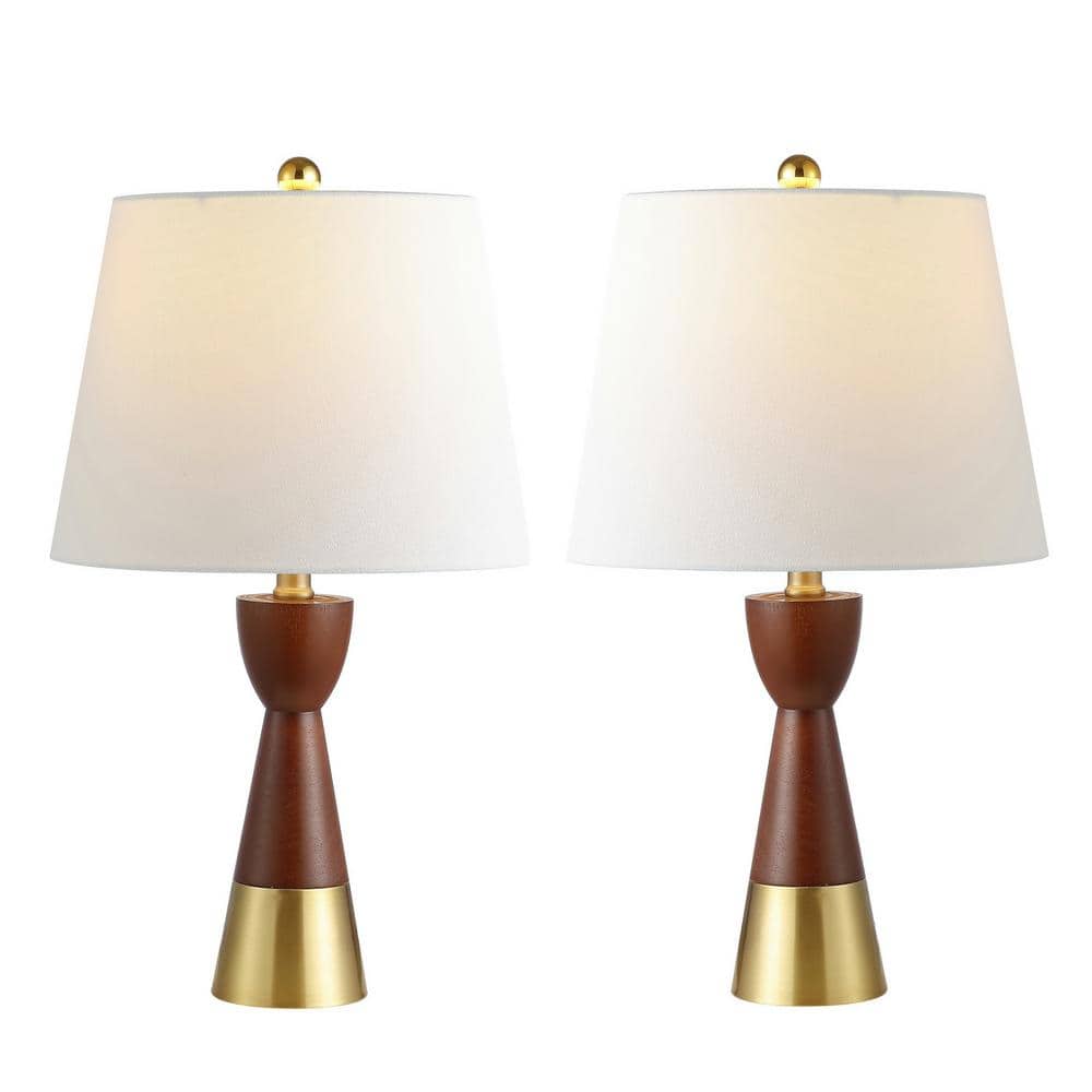 Elegant Geometric Brown and Brass Gold Table Lamp Set with White Linen Shade