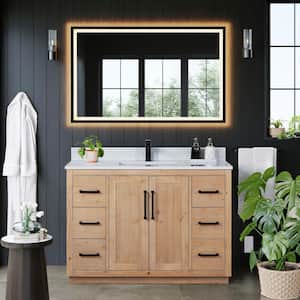 Cicero 48 in. W x 22 in. D x 33 in. H Single Sink Bath Vanity in Brown with White Engineered Stone Top and Mirror