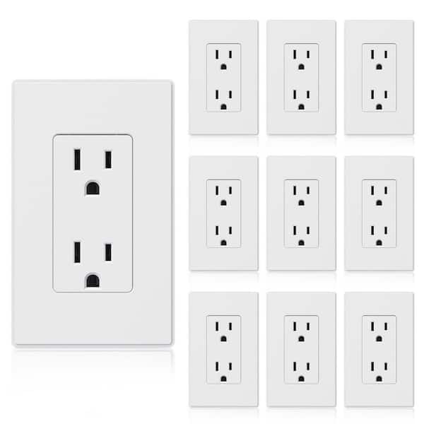 Decorator 15 Amp 125-Volt Residential Grade Self Grounding Duplex Outlet, with Wall Plate, Matt White (10-Pack)