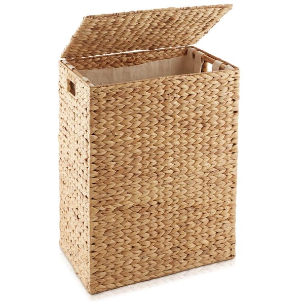 Casafield Brown Natural 18.5 in. x 24 in. Wicker Water Hyacinth Decorative Baskets Large Laundry Hamper with Lid and Liner