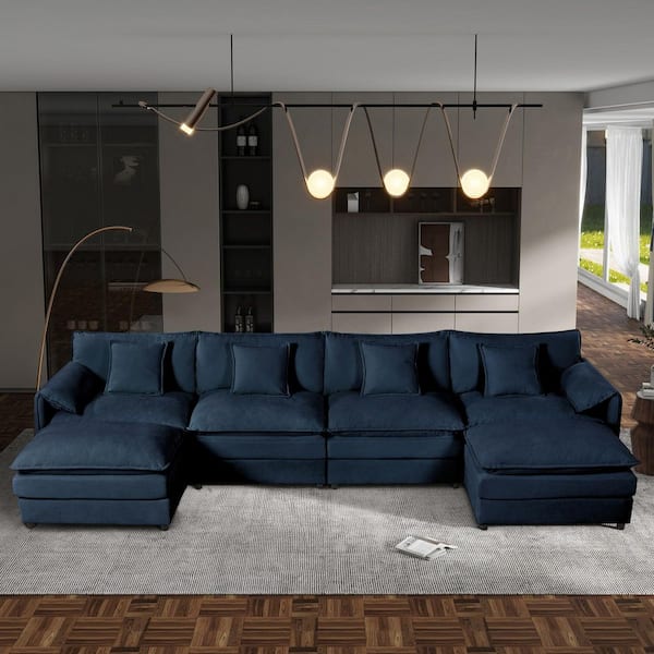 Wilson 143.31 in. 6-Piece Upholstered Chenille U-Shaped Modular Sectional Sofa in. Blue with Ottomans, Pillows
