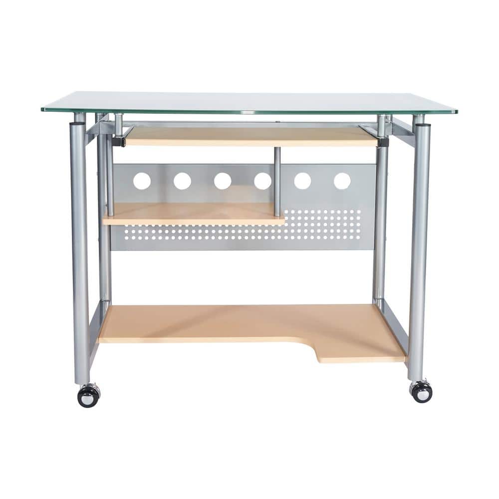 Frosted Glass and Silver Steel Rolling Computer Desk with Keyboard Tray