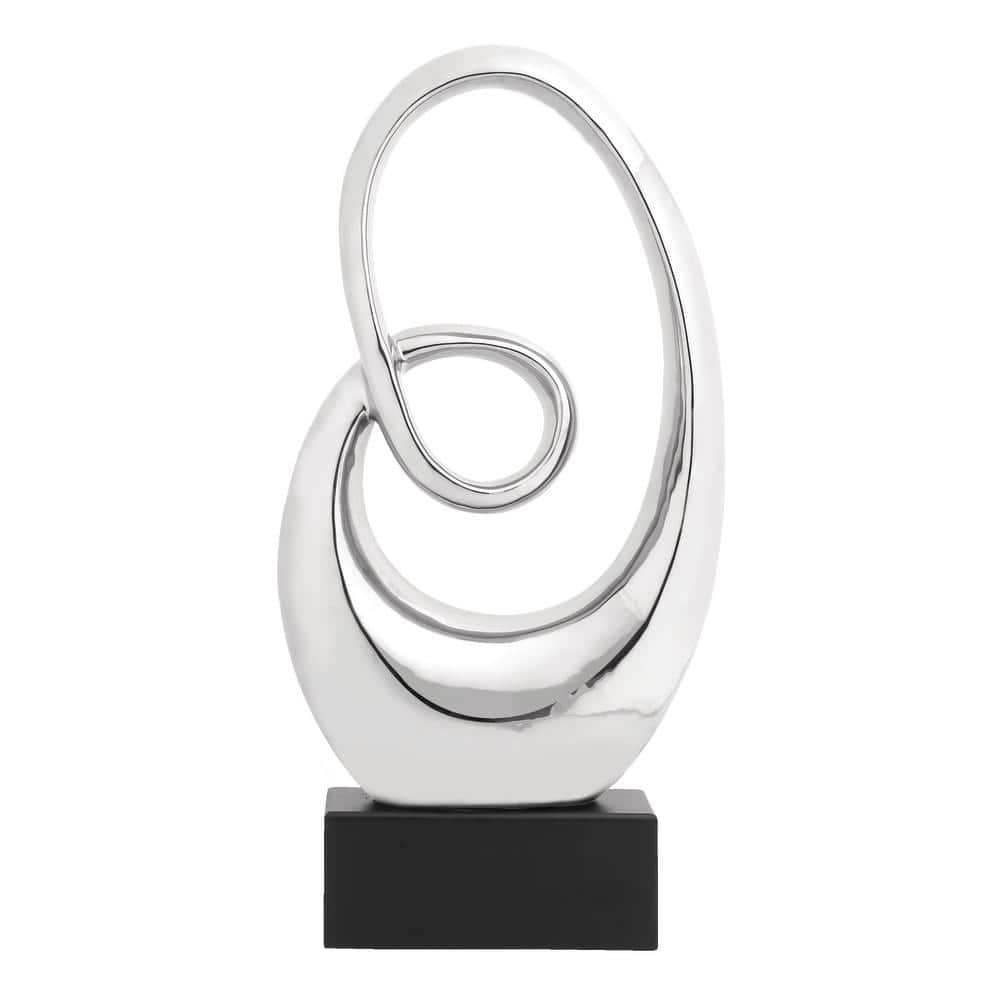 21" Silver Ceramic Swirl Abstract Sculpture with Black Base