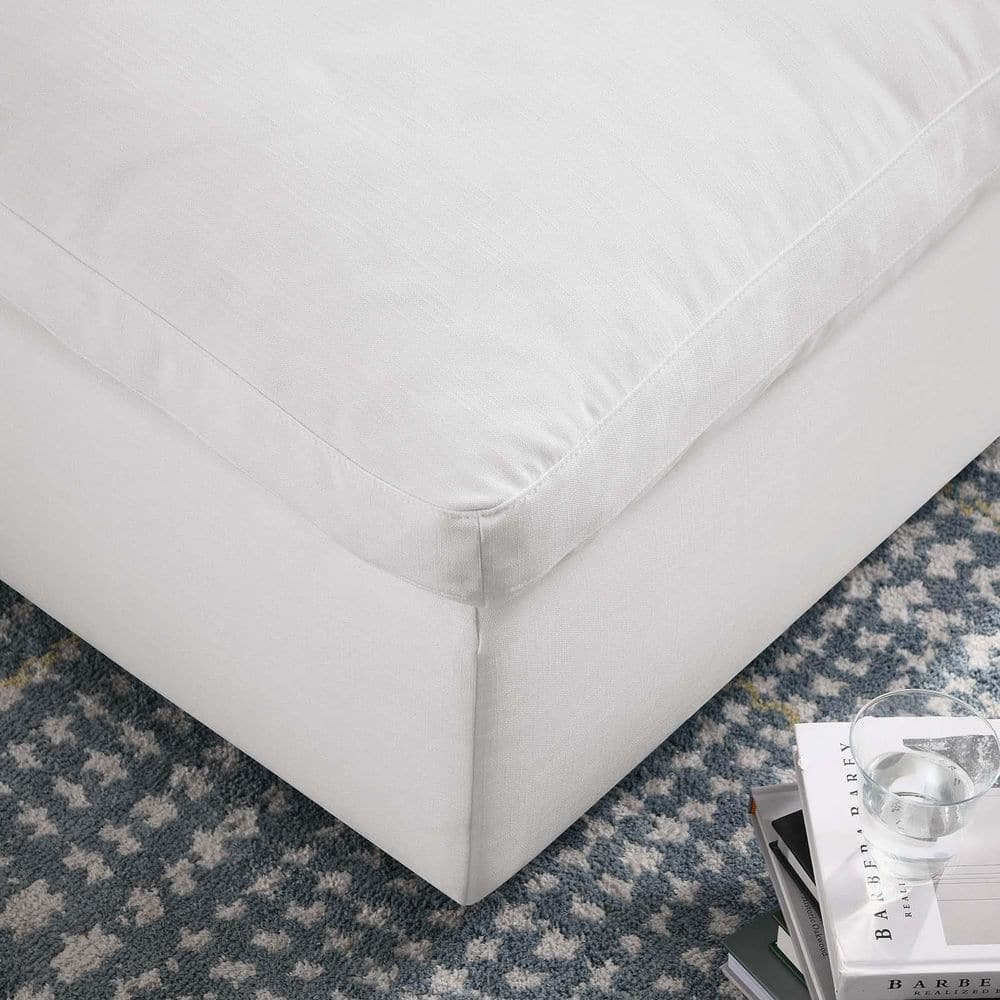 Pure White Down-Filled Overstuffed Ottoman with Linen Texture