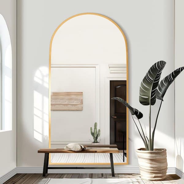 Wooakway Gold 36 in. W x 75 in. H Arch Metal Framed Full Length