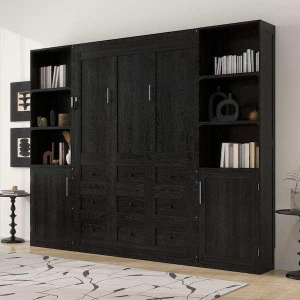Leslie Black Wood Frame Queen Size Murphy Bed with Folding into Cabinet, Storage Shelves