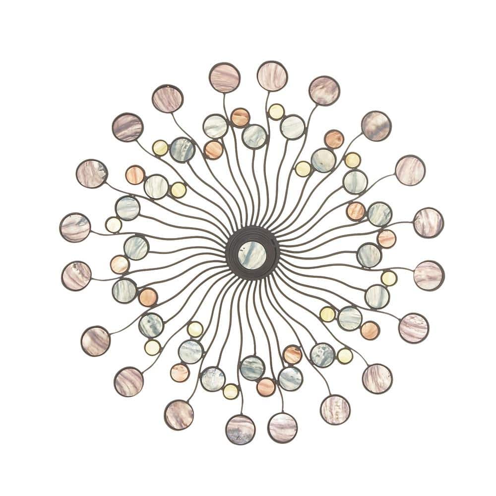 Multi-Colored Iron Sunburst Wall Sculpture with Marble Accents