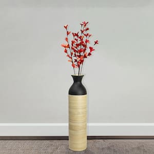 Cylinder Shaped Tall Spun Bamboo Floor Vase Glossy Black Lacquer and Natural Bamboo in Small