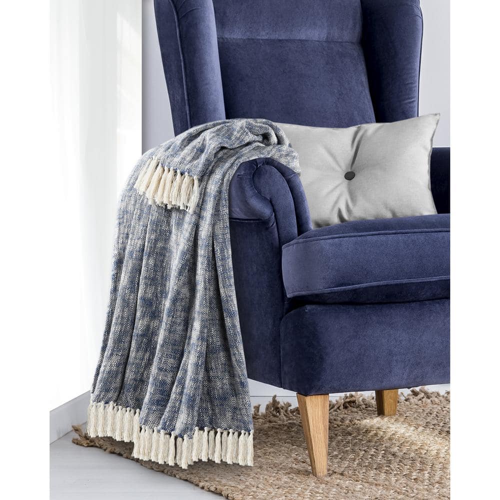 Navy Blue and Off-White Cotton Chambray Throw Blanket with Fringe