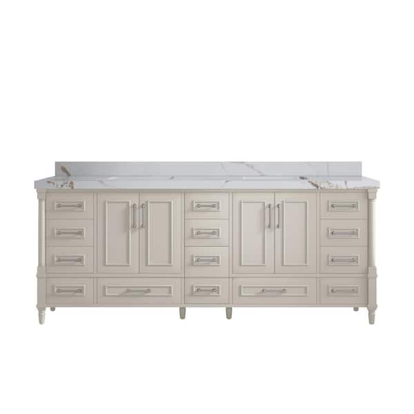 Willow Collections Hudson 84 in. W x 22 in. D x 36 in. H Double Sink Bath Vanity in Fine Grain with 2 in. Calcutta Gold Qt. Top