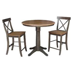Olivia 3-Piece 36 in. Hickory/Coal Round Solid Wood Counter Height Dining Set with X-Back Stools