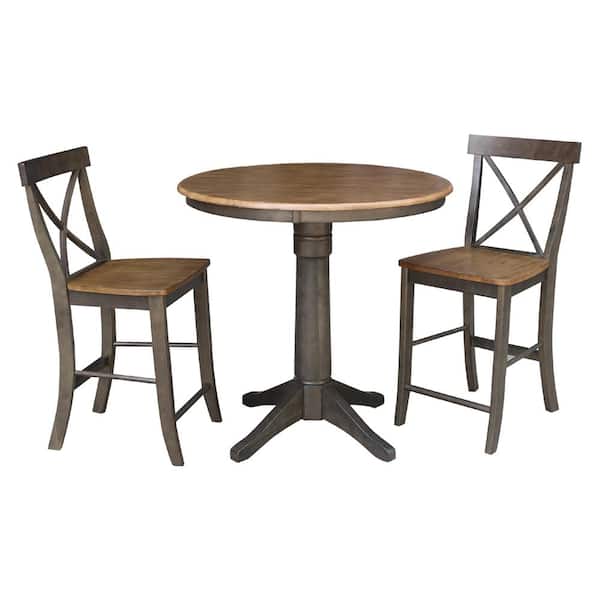 International Concepts Olivia 3-Piece 36 in. Hickory/Coal Round Solid Wood Counter Height Dining Set with X-Back Stools