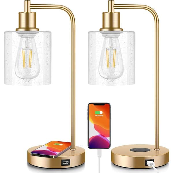 Nordic Hygge Set of 2 16 in. Wireless Charging Industrial Table Lamp, Gold