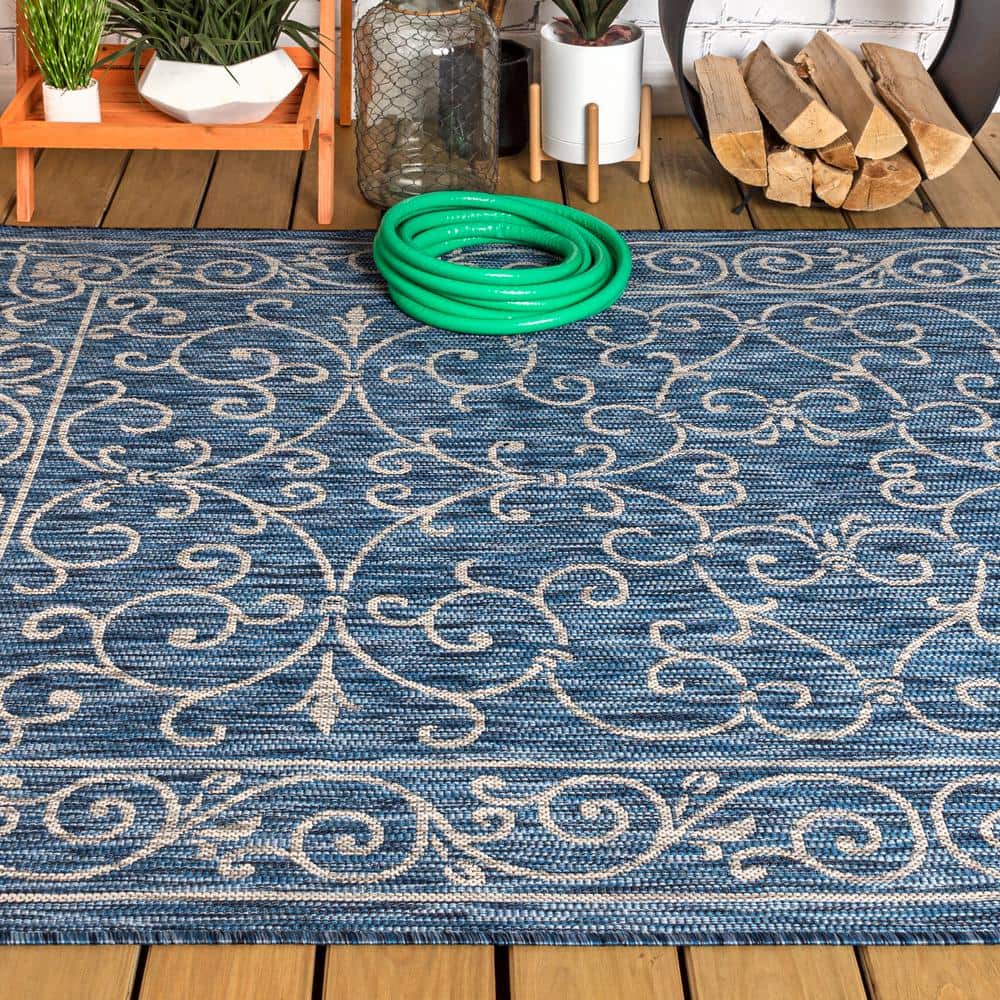 Charleston Filigree Navy/Gray Synthetic 8x10 Indoor/Outdoor Rug