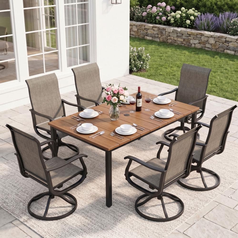 7-Piece Metal Outdoor Patio Dining Set with Rectangular Table and High Back Padded Textilene Swivel Chairs in Brown price history on PriceWatchPro