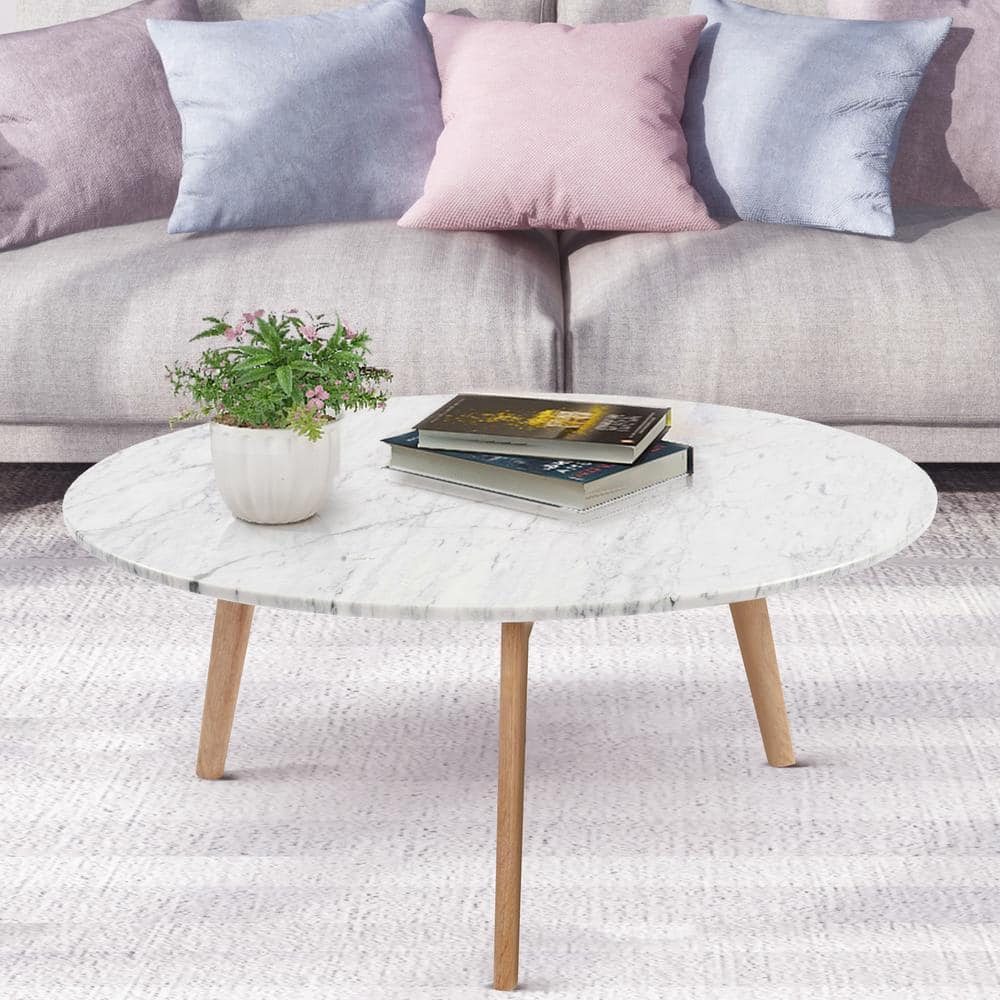 Stella 32 in. Oak/White Medium Round Marble Coffee Table
