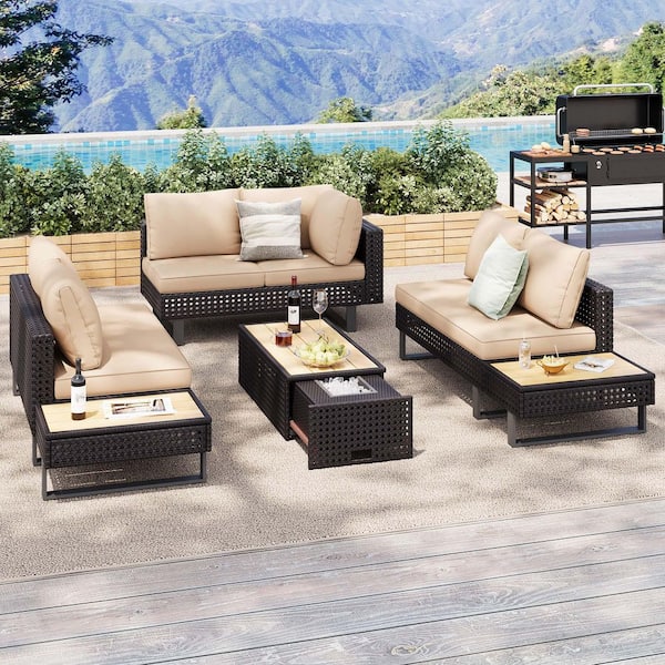 Zeus & Ruta 6-Piece Rattan Wicker Patio Conversation Set with Extendable Coffee Table Ice Bucket and Khaki Cushions