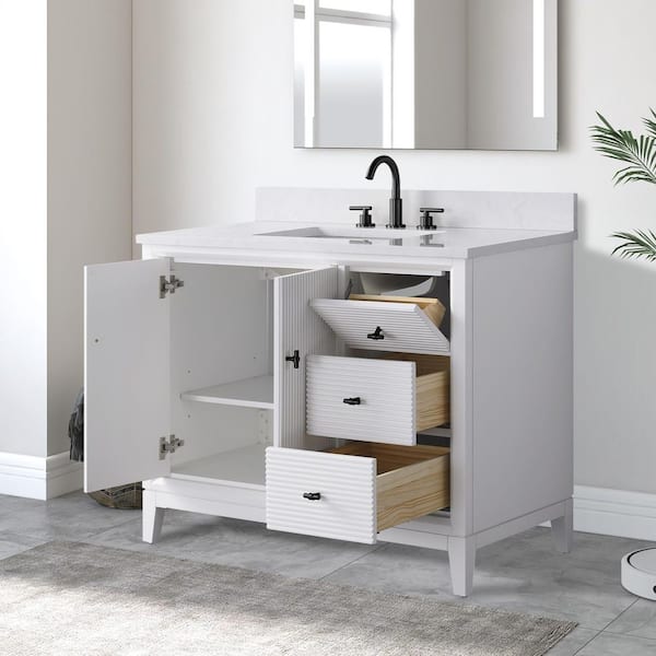 42 in. W x 22 in. D Single Sink Freestanding White Bath Vanity Cabinet with White Engineered Marble Top