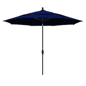 11 ft. Matted Black Aluminum Market Patio Umbrella with Collar Tilt Crank Lift in True Blue Sunbrella