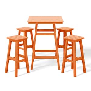 Laguna 5-Piece Fade Resistant HDPE Plastic Outdoor Patio Square Bar Height Pub Set, Matching Barstools in Orange