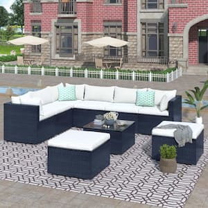 Black 9-Piece Wicker Metal Outdoor Sectional with Beige Cushions