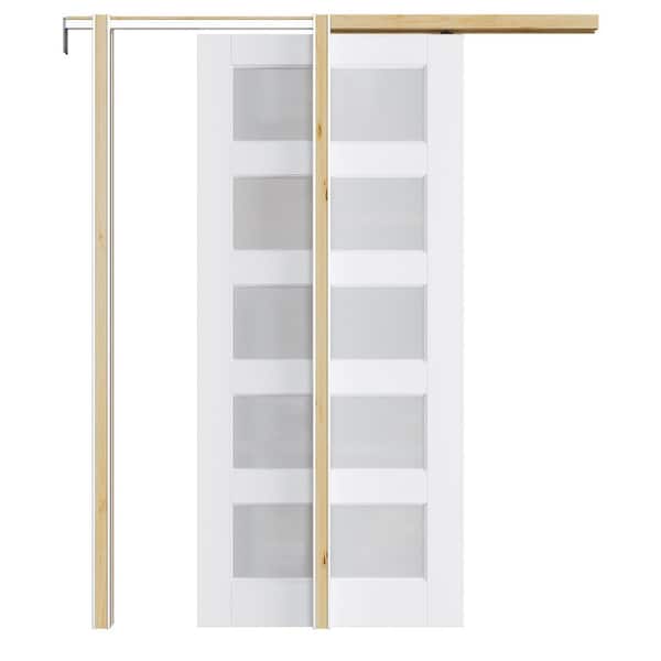 ARK DESIGN 36 in. x 80 in. White Primed Wood 5-Lite Frosted Glass Sliding Pocket Door, Wood Pocket Door Frame, with Hardware