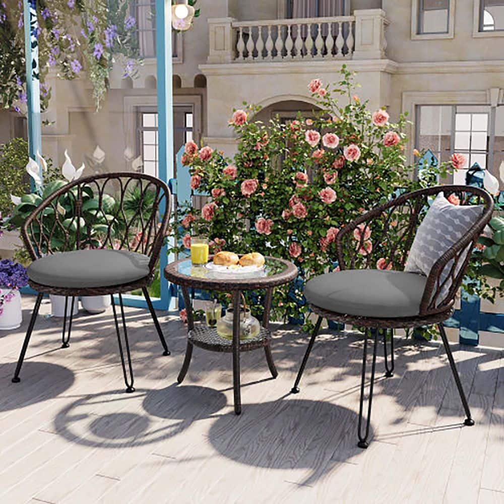 3-Piece Wicker Outdoor Bistro Set with Gray Cushion, Front Porch Chairs Set