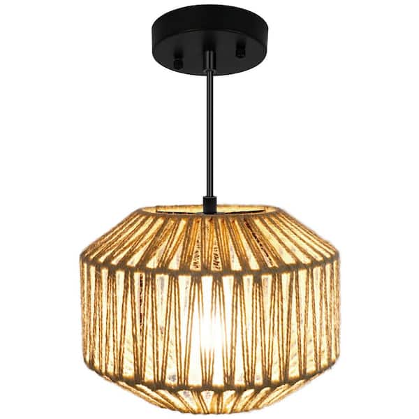 60-Watt 1 Light Black Boho Pendant Light with Rattan Shade, No Bulbs Included
