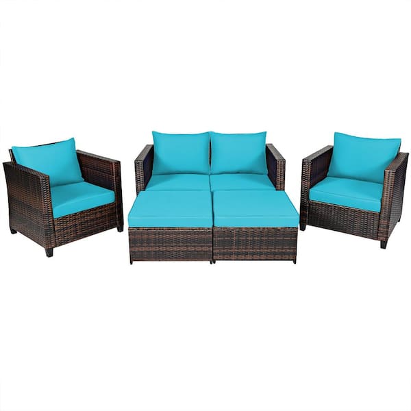 HONEY JOY 5-Piece Wicker Outdoor Sectional Patio Coversation Set with Removable Turquoise Cushions