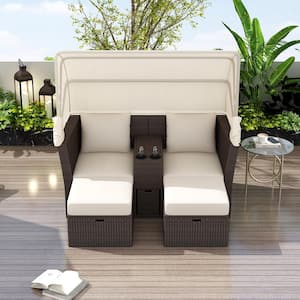 Wicker Outdoor Day Bed, Outdoor Loveseat Sofa Set with Foldable Awning with Beige Cushions