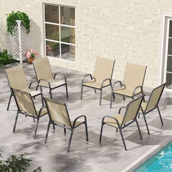 Stackable Light Khaki Outdoor Stackable Dining Chair Set of 8