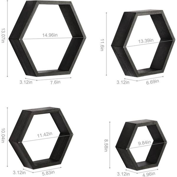 Hexagon Floating Shelves Set of 8 Honeycomb Shelves for Wall, Black, Size: Minimum Size: 9.84 x 8.58 x 4.96 Inches, Small Size: 11.42 x 10.04 x 5.83