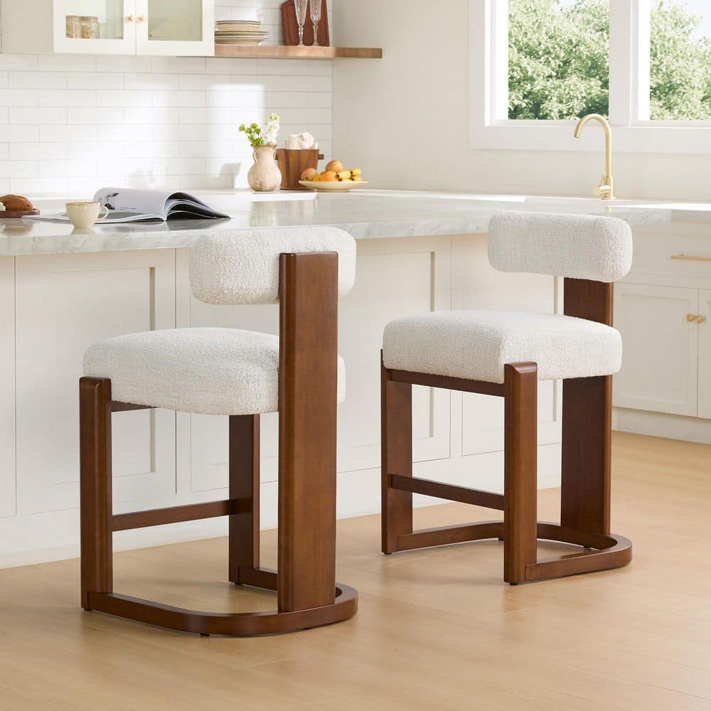 Spruce & Spring Remy 27 in. Pearl/Walnut Mid-century Modern Boucle Fabric Solid Wood Counter ...