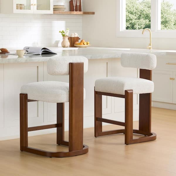 Remy 27 in. Pearl/Walnut Mid-century Modern Boucle Fabric Solid Wood Counter Stool with Back for Diningroom (Set of 2)