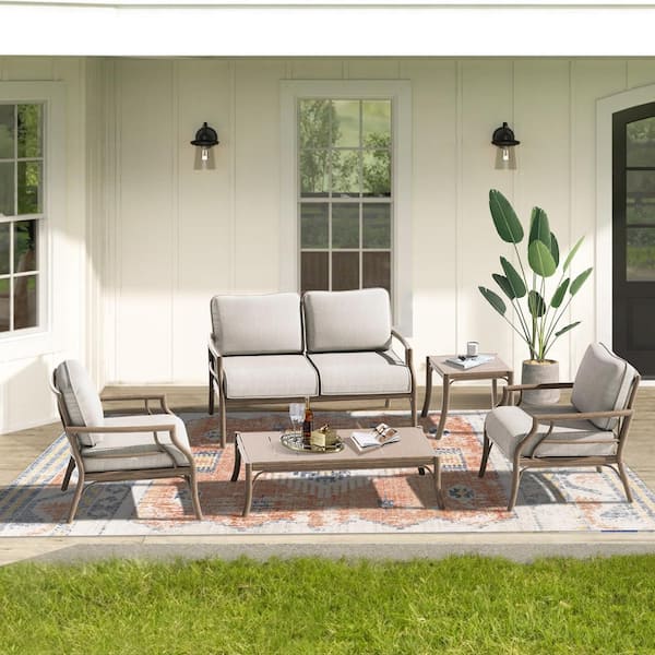 PEAK HOME FURNISHINGS Lamando 5-Piece Aluminum Patio Outdoor Conversation Set with Light Mixed Gray Cushions Loveseat