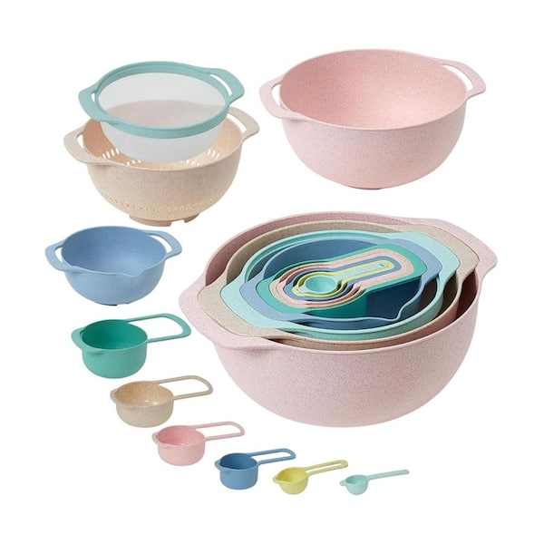 10-Piece Colorful Wheat Straw Plastic Mixing Bowls Set with Measuring Spoon, Nesting Kitchen Prep Bowls