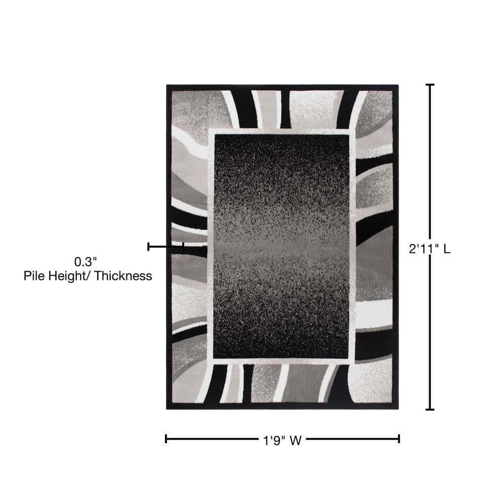 Black and Gray Abstract Border Area Rug, 21" x 35"