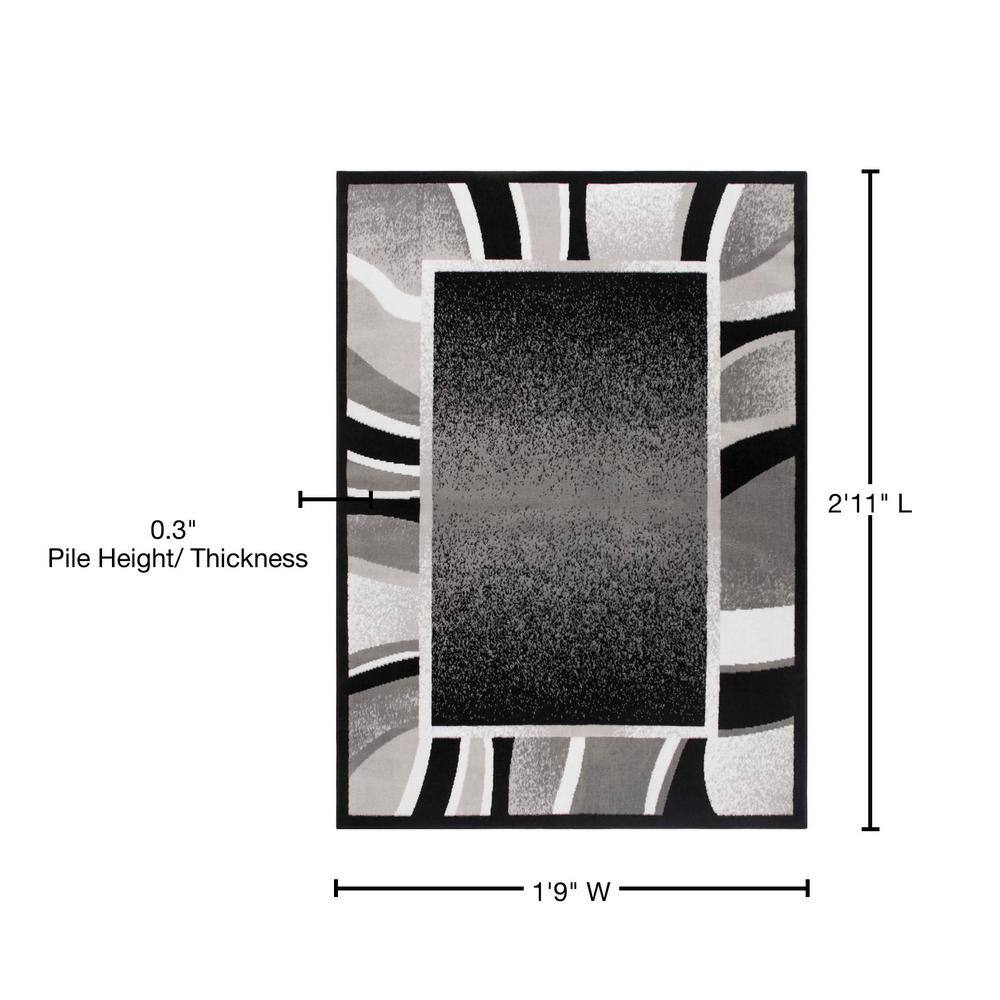 Black and Gray Abstract Border Area Rug, 21" x 35"